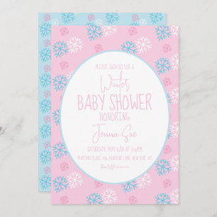 Invitación Baby Shower azul rosado de copos de nieve en invie
