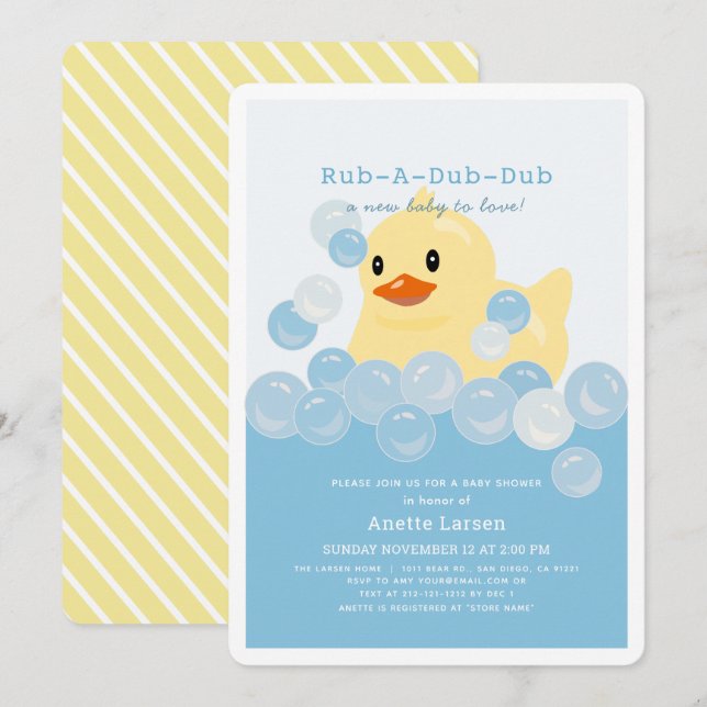 Invitación Baby Shower azul Rubber Ducky Boy (Anverso / Reverso)