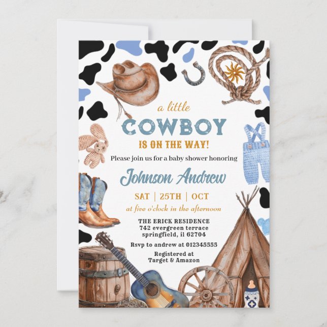 Invitación Baby Shower azul rústico CowBoy (Anverso)