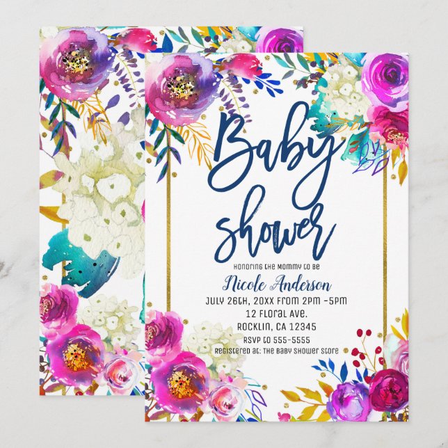 Invitación Baby Shower Azul Script Bold Acuarela Floral (Anverso / Reverso)