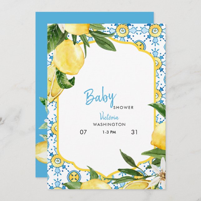 Invitación Baby Shower azul tropical mediterráneo (Anverso / Reverso)