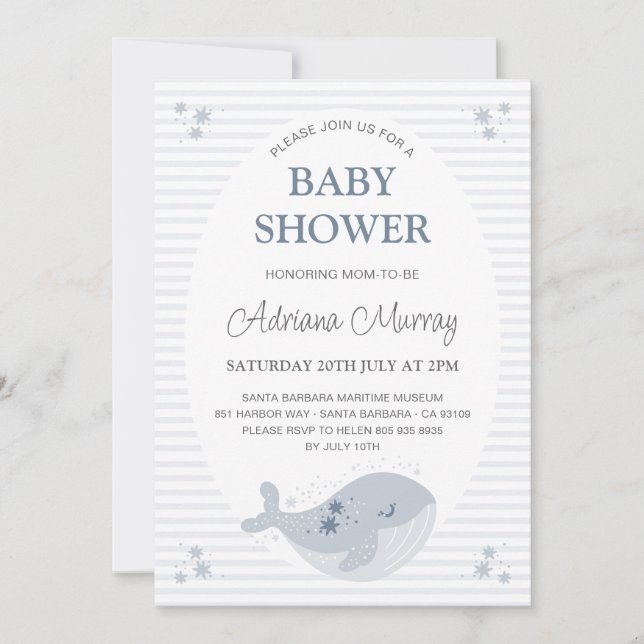 Invitación Baby Shower azul turbio de ballena dibujado a mano (Anverso)