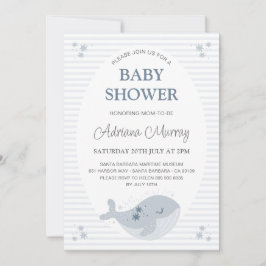 Invitación Baby Shower azul turbio de ballena dibujado a mano