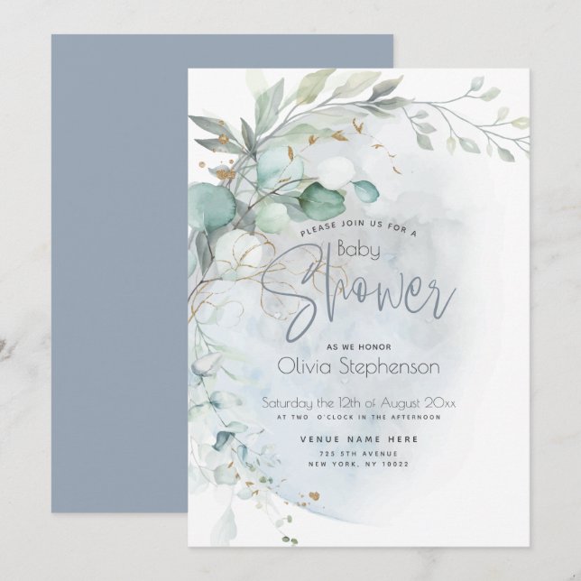 Invitación Baby Shower | Azul turbio sobre la luna (Anverso / Reverso)