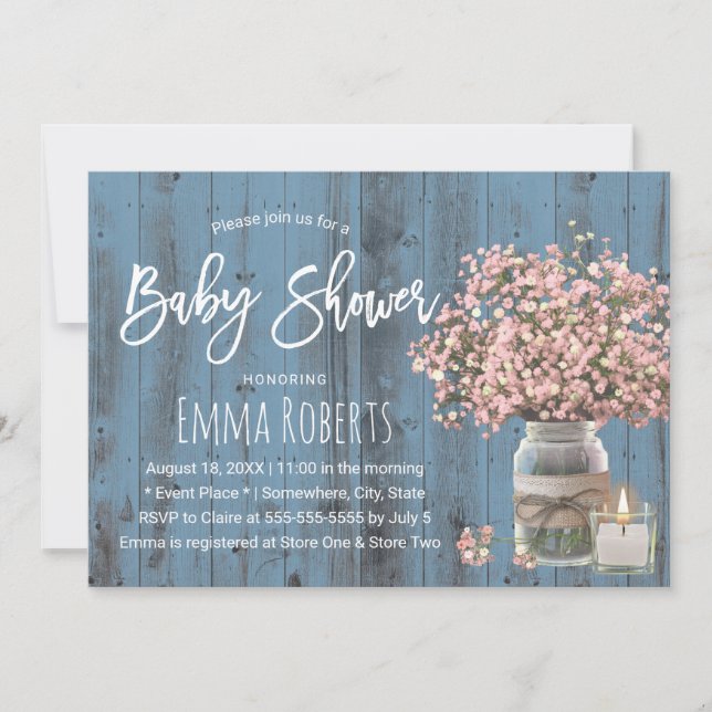 Invitación Baby Shower azul turbulento de candelabro y respir (Anverso)