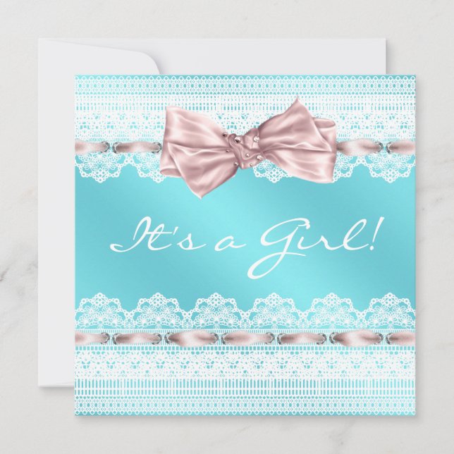Invitación Baby Shower azul Verde azulado de cinta rosa de en (Anverso)