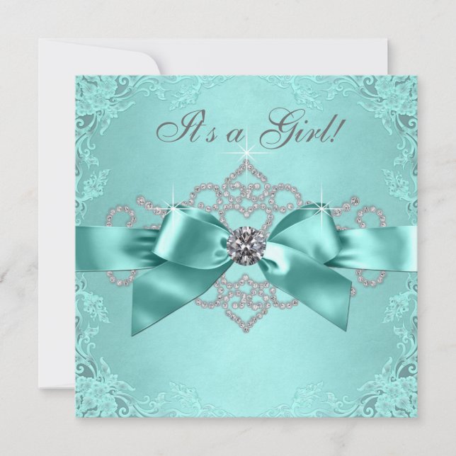 Invitación Baby Shower azul Verde azulado de diamantes blanco (Anverso)