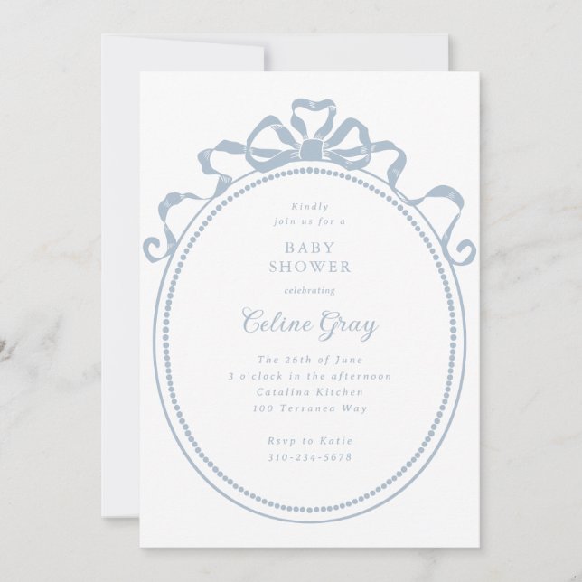 Invitación Baby Shower azul victoriano de cinta antigua (Anverso)