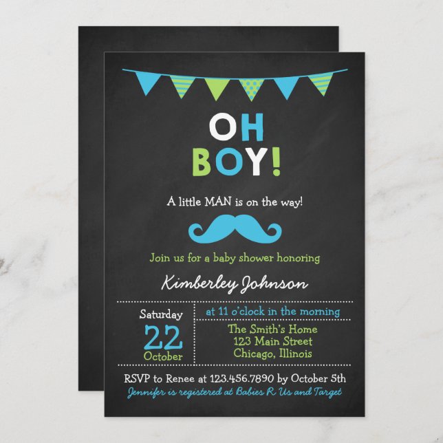 Invitación Baby Shower azul y bigote verde (Anverso / Reverso)
