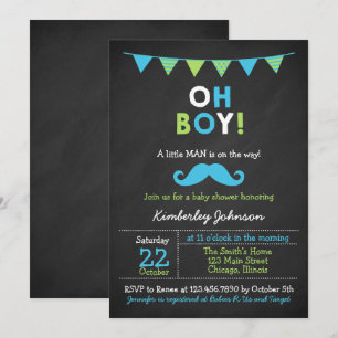 Invitación Baby Shower azul y bigote verde