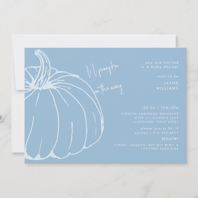 Invitación Baby Shower azul y blanco de la calabaza de Li (Anverso)