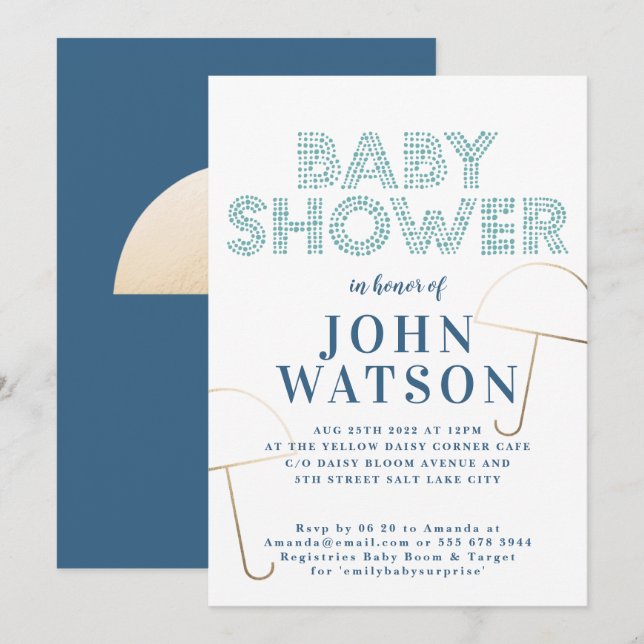 Invitación Baby Shower azul y blanco del paraguas del Relieve (Anverso / Reverso)