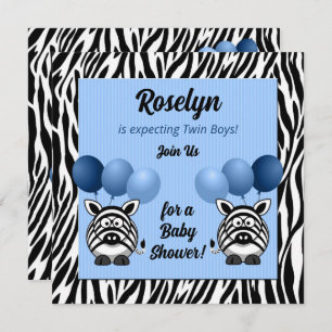 Invitación Baby Shower azul y doble zebra
