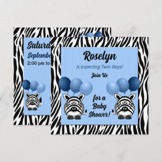 Invitación Baby Shower azul y doble zebra