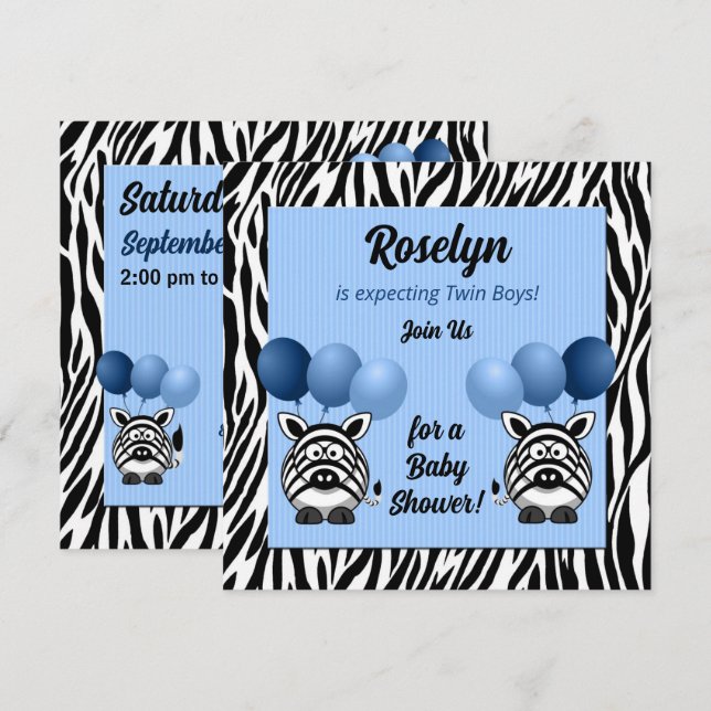 Invitación Baby Shower azul y doble zebra (Anverso / Reverso)