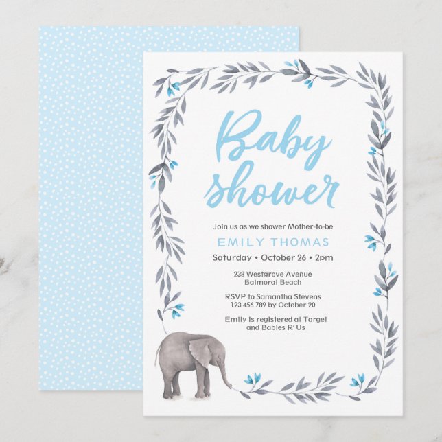 Invitación Baby Shower azul y gris del elefante (Anverso / Reverso)