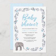 Invitación Baby Shower azul y gris del elefante