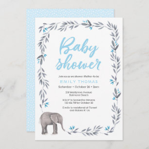 Invitación Baby Shower azul y gris del elefante