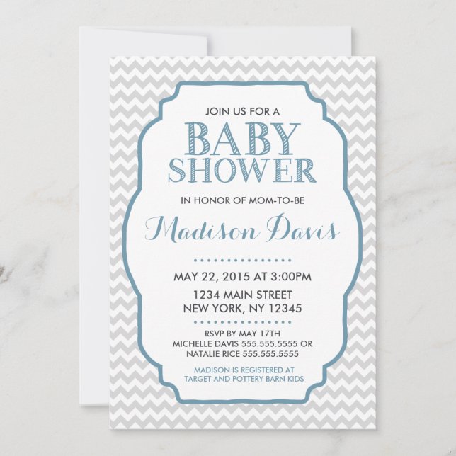 Invitación Baby Shower azul y gris moderno invita (Anverso)