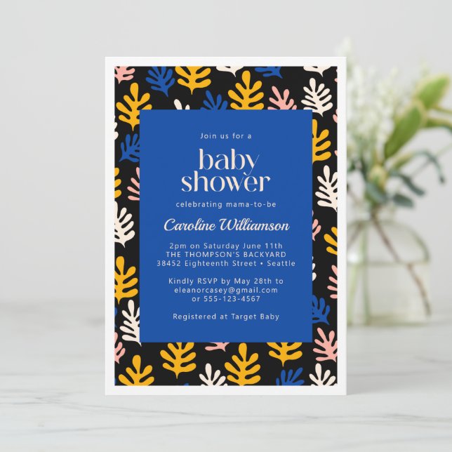 Invitación Baby Shower azul y negro botánico Boho Matisse (Anverso de pie)