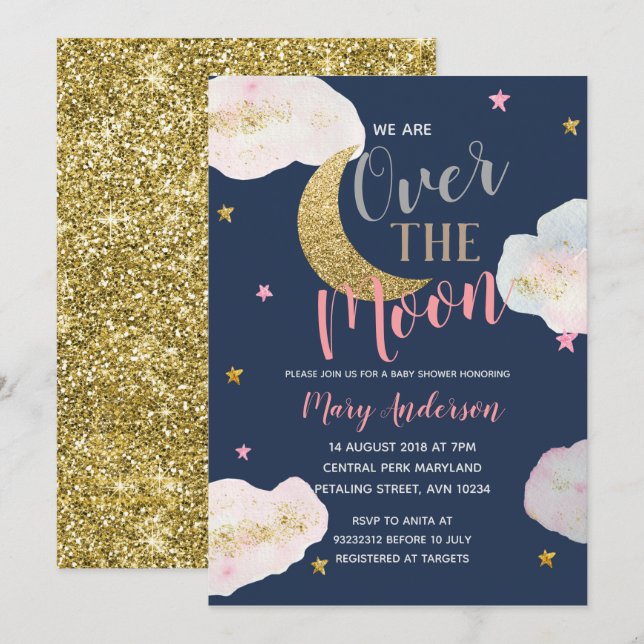 Invitación Baby Shower azul y oro de la marina lunar (Anverso / Reverso)
