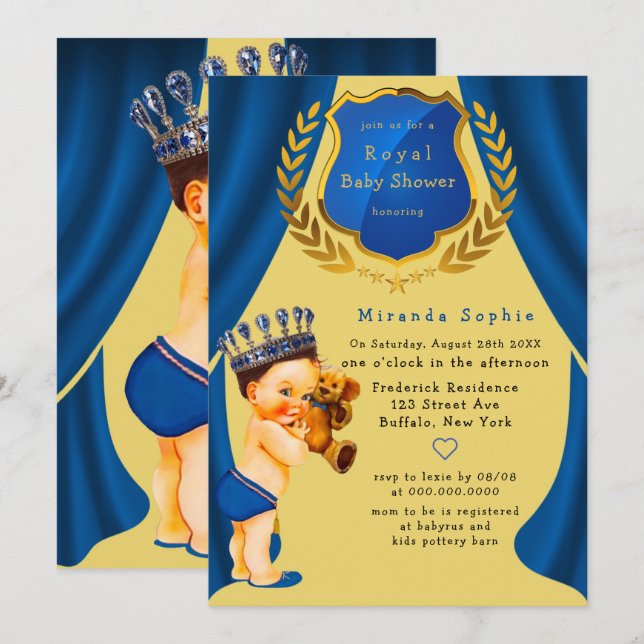 Invitación Baby Shower azul y oro del Príncipe Real (Anverso / Reverso)