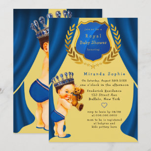 Invitación Baby Shower azul y oro del Príncipe Real