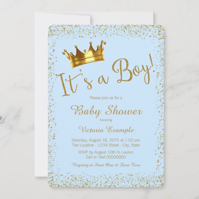 Invitación Baby Shower azul y oro para bebés (Anverso)