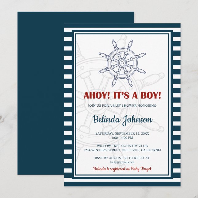 Invitación Baby Shower azul y rojo (Anverso / Reverso)