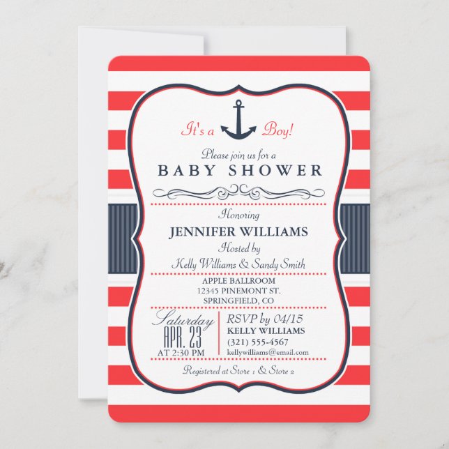 Invitación Baby Shower azul y rojo de la Marina Ná (Anverso)