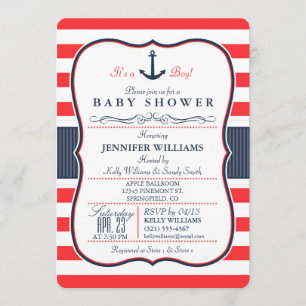 Invitación Baby Shower azul y rojo de la Marina Ná