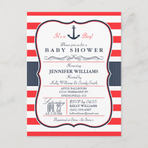 Invitación Baby Shower azul y rojo de la Marina Ná