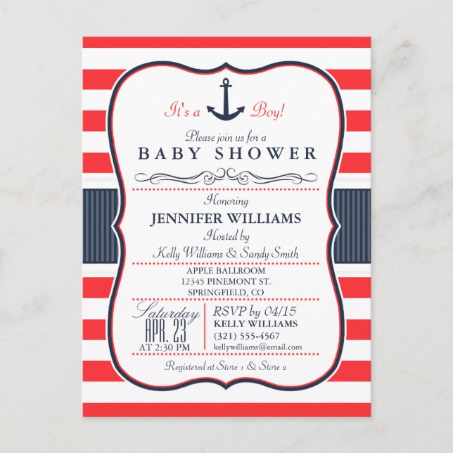 Invitación Baby Shower azul y rojo de la Marina Ná (Anverso)