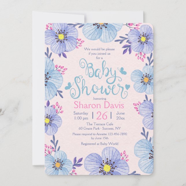 Invitación Baby Shower azul y rosa (Anverso)