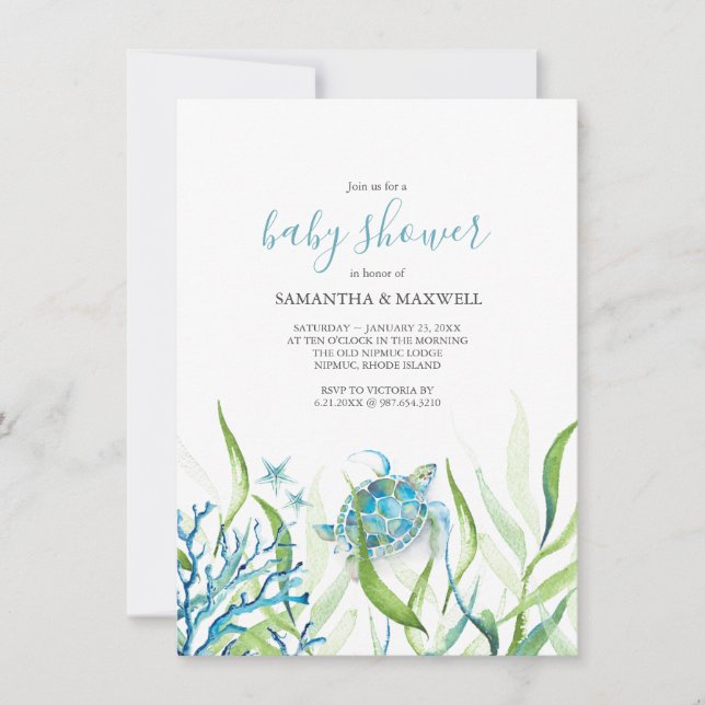Invitación Baby Shower azul y verde a la tortuga m (Anverso)