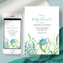 Invitación Baby Shower azul y verde a la tortuga m