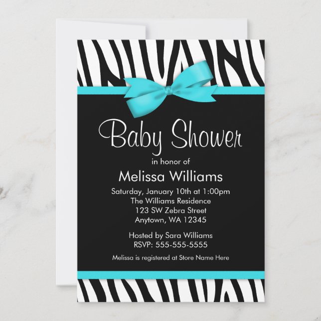 Invitación Baby Shower azul zebra Verde azulado impreso (Anverso)