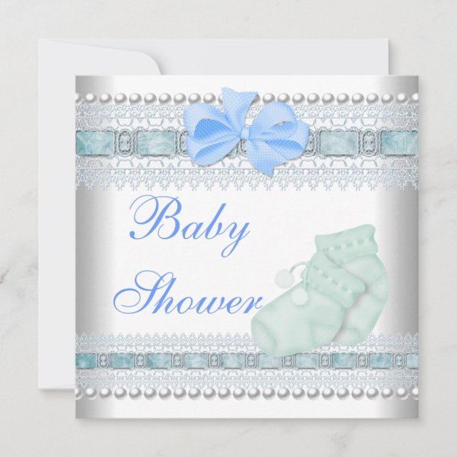Invitación Baby Shower Baby Blue Booties Pearl Lace (Anverso)
