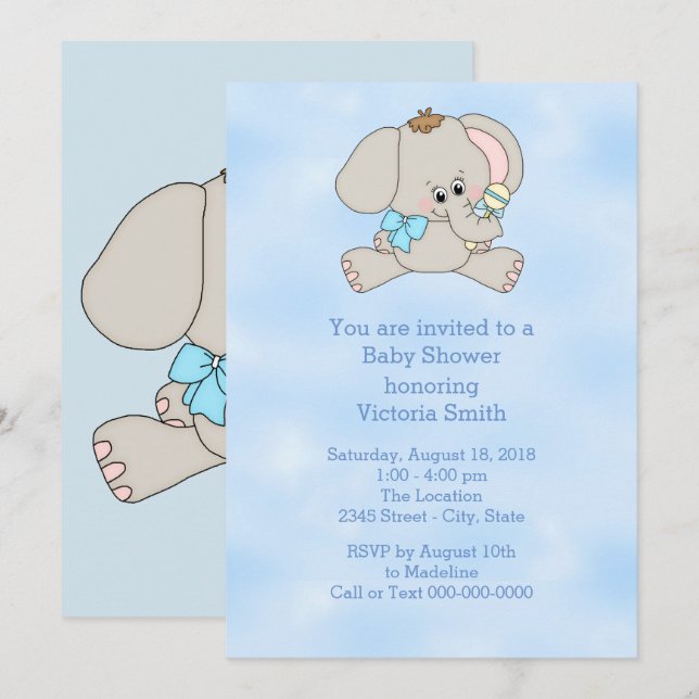 Invitación Baby Shower Baby Boy Baby Elephant (Anverso / Reverso)