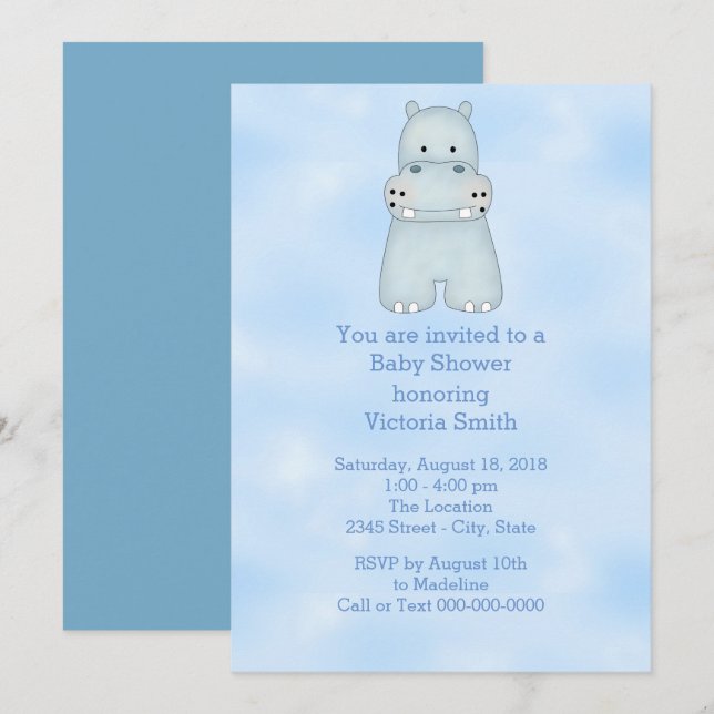 Invitación Baby Shower Baby Boy Blue Hippo (Anverso / Reverso)