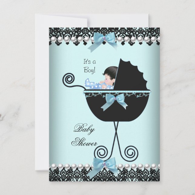 Invitación Baby Shower Baby Boy Blue Verde azulada Black Lace (Anverso)