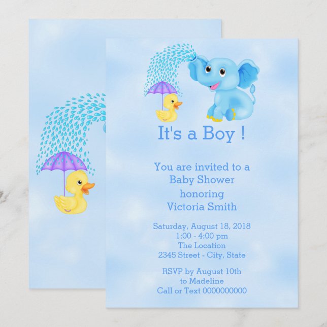 Invitación Baby Shower Baby Boy Elephant (Anverso / Reverso)