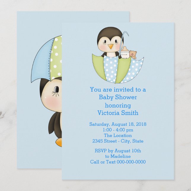 Invitación Baby Shower Baby Boy Penguin (Anverso / Reverso)