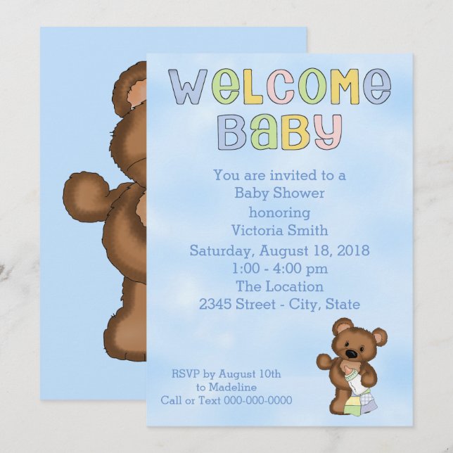 Invitación Baby Shower Baby Boy Teddy Bear (Anverso / Reverso)