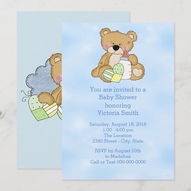 Invitación Baby Shower Baby Boy Teddy Bear (Anverso / Reverso)
