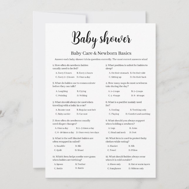 Invitación Baby Shower Baby Care Newborn Basics Game, (Anverso)