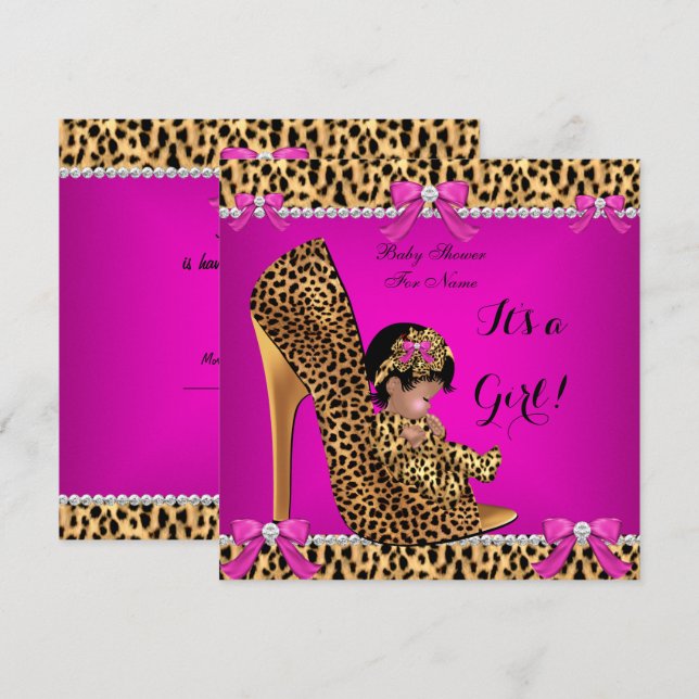 Invitación Baby Shower Baby Cute Chica Leopard Hot Pink Shoe  (Anverso / Reverso)