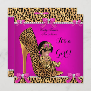 Invitación Baby Shower Baby Cute Chica Leopard Hot Pink Shoe 