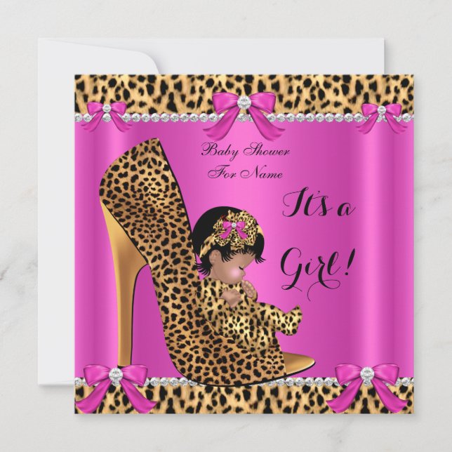 Invitación Baby Shower Baby Cute Chica Leopard Hot Pink Shoe  (Anverso)