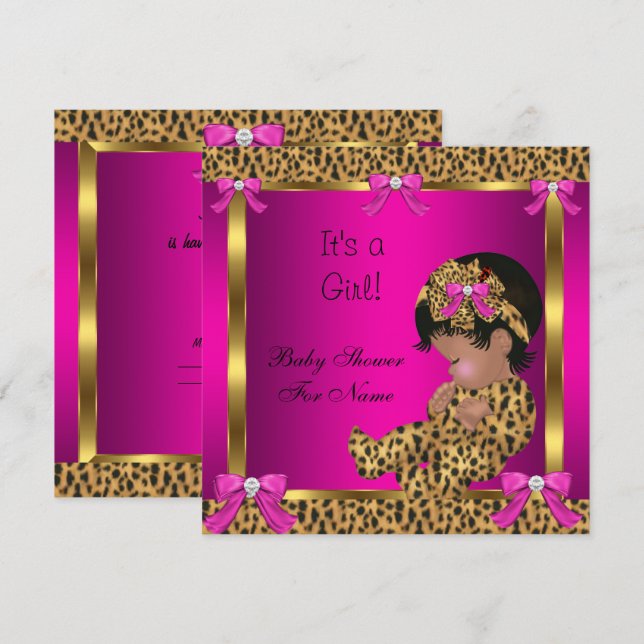 Invitación Baby Shower Baby Cute Chica Leopard Pink Gold 2 (Anverso / Reverso)